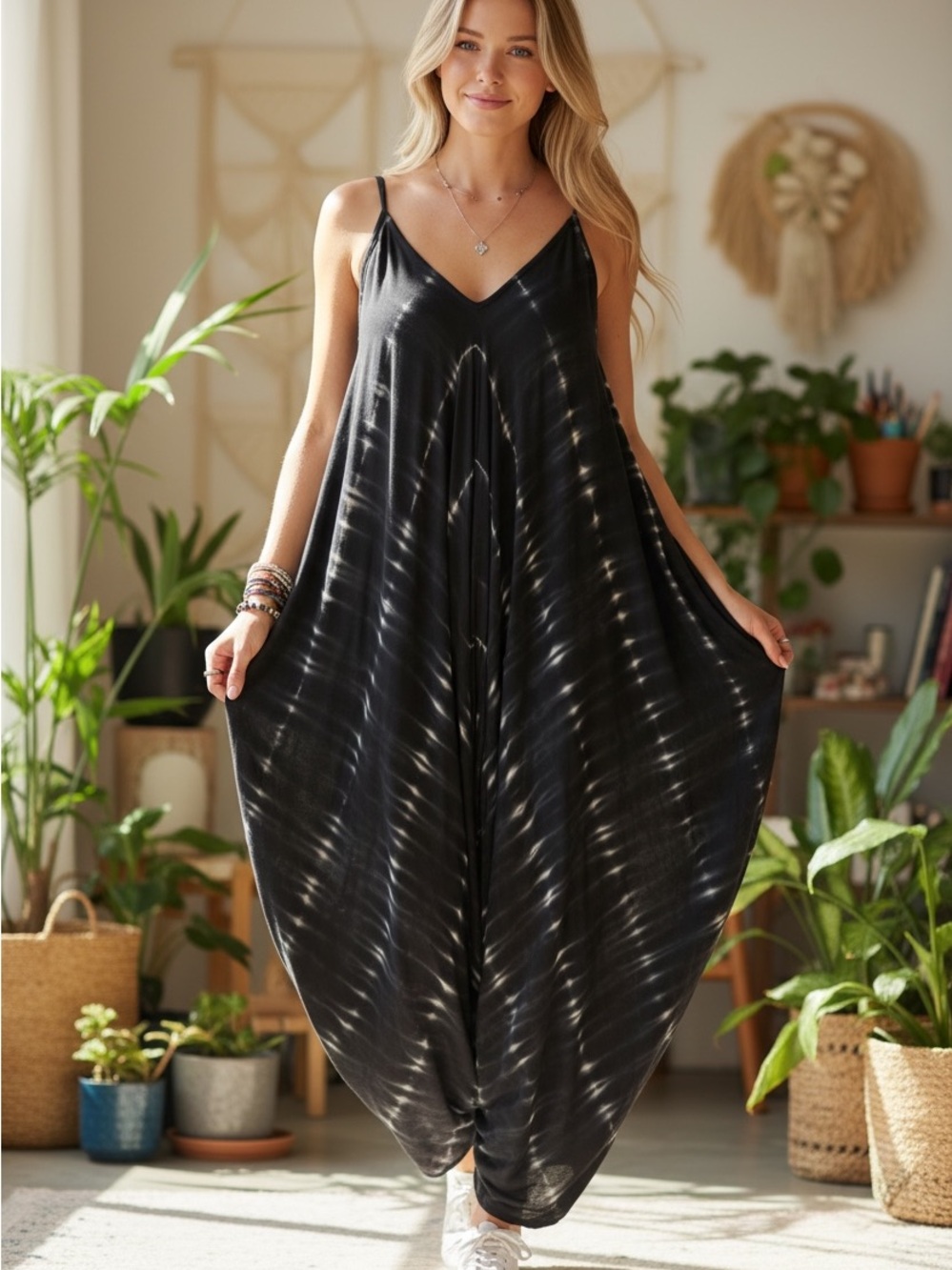 Black Tie-Dye V-Neck Spaghetti Strap Jumpsuit Dress